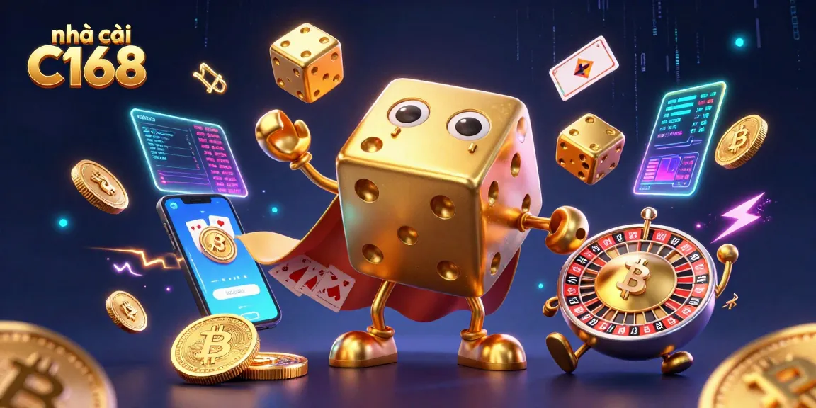 Win big with nhà cái C168 in this vibrant 3D casino illustration featuring dynamic gambling elements.