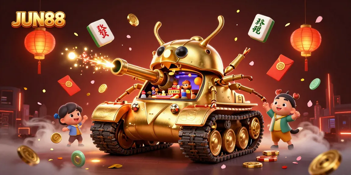 Experience JUN88's colorful casino world with a golden beetle tank showcasing mini-games and festive elements.