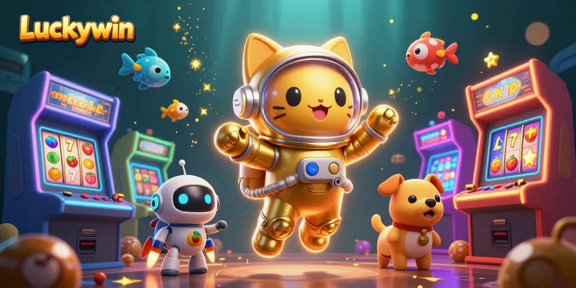 Engage in Luckywin with vibrant 3D cartoon illustrations of games and cosmic characters.