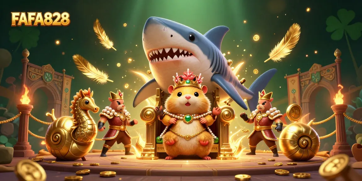 FAFA828 features a thrilling casino scene with a golden hamster king, surrounded by vibrant game elements.
