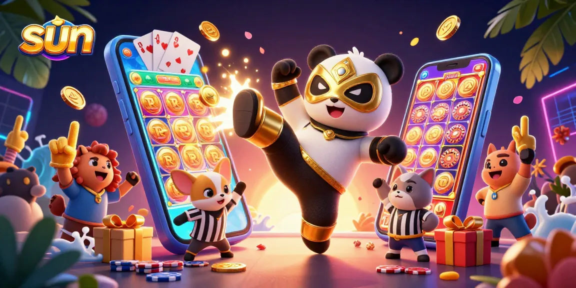 Witness a vibrant scene where the sun lights up a dynamic wrestling match with a panda fighter and cheering crowds in a casino.