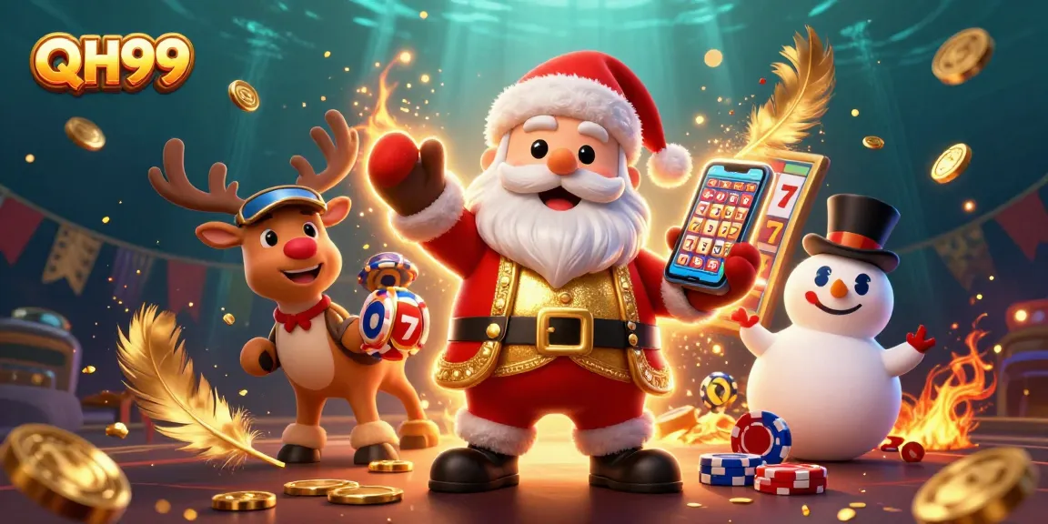 Experience the exciting world of QH99 casino with Santa, a reindeer dealer, and a poker chip snowman.
