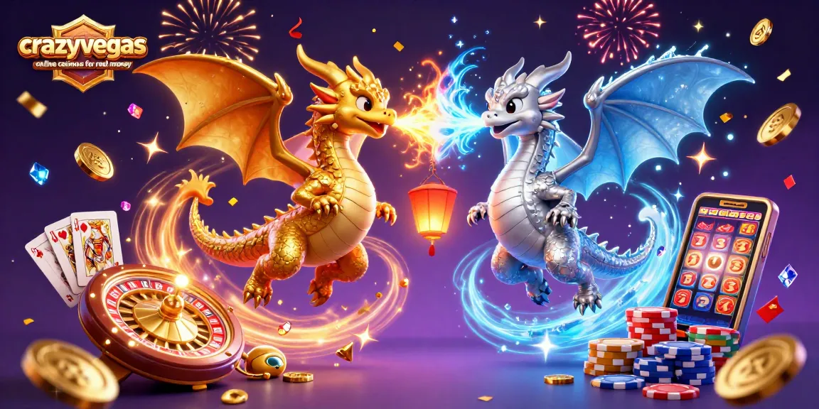 Cascade of excitement with crazyvegas online casinos for real money in a magical casino scene featuring intertwined dragons.