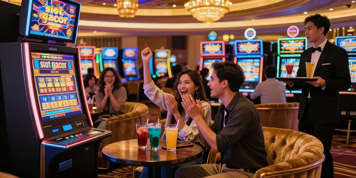 Excited couple celebrating a win on slot gacor machine in a vibrant casino lounge.