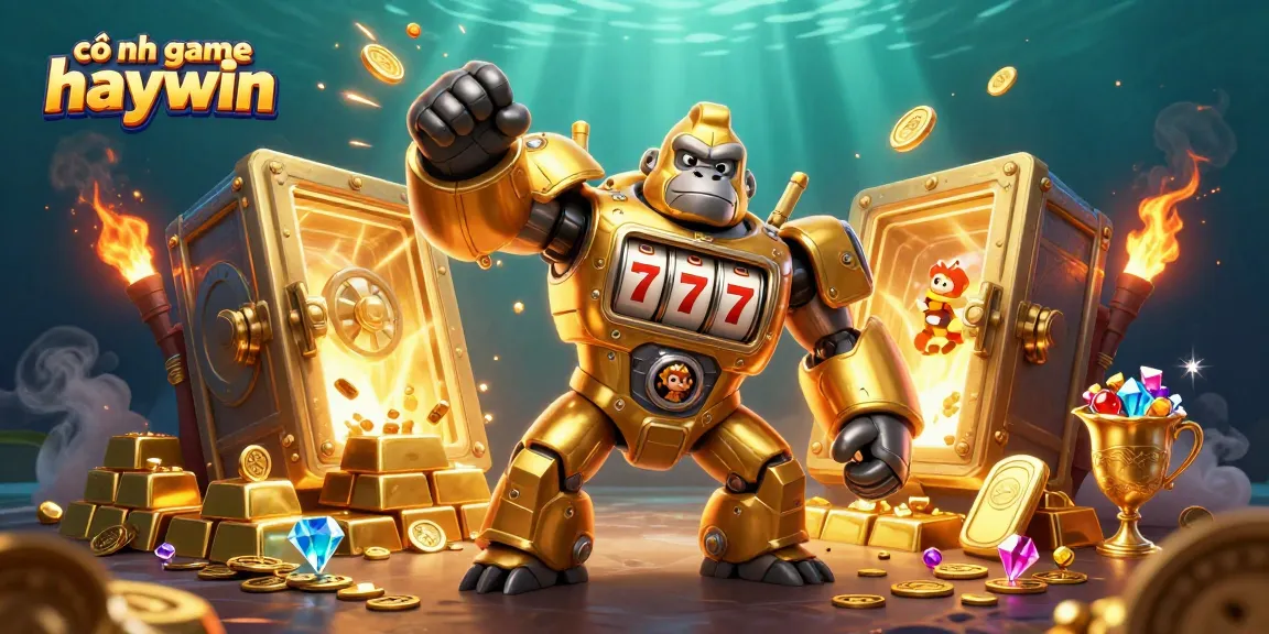 Experience the excitement of cổng game haywin with a dynamic 3D gorilla mech and treasures erupting around!