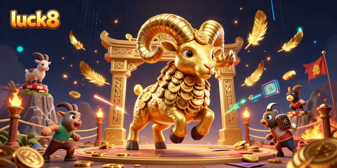 Experience the thrill of luck8 with a golden ram charging through a vibrant casino scene filled with coins and energy.