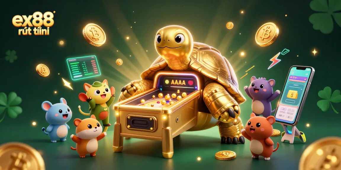Play ex88 rút tiền with a vivid 3D illustration of a giant golden tortoise amid cryptocurrencies, showcasing exciting gaming elements.