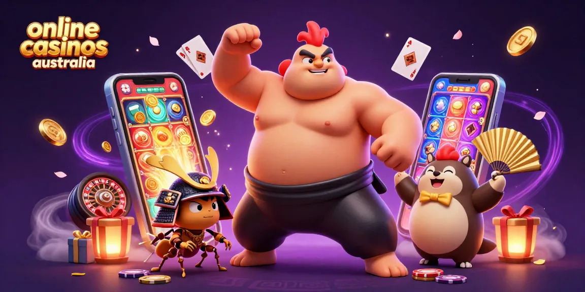 Engage with online casinos Australia featuring vibrant sumo rooster and gaming elements.