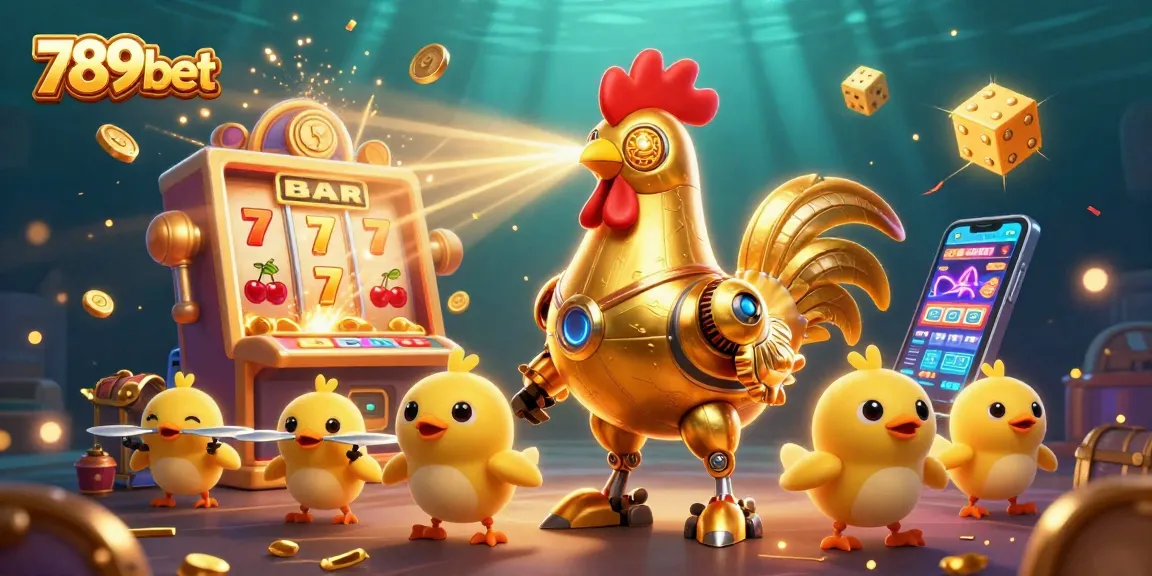 Engage with 789bet's thrilling casino experience featuring a golden rooster robot and impressive slot machine.