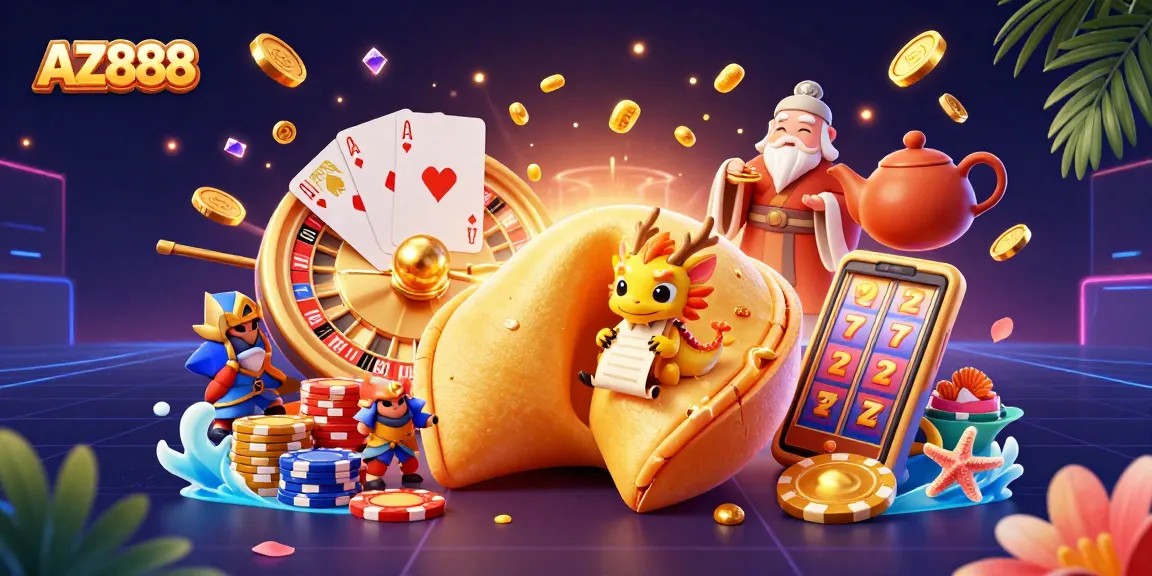 Experience the thrill of gaming with AZ888's vibrant casino scene featuring fortune cookies, dragons, and dynamic game elements.